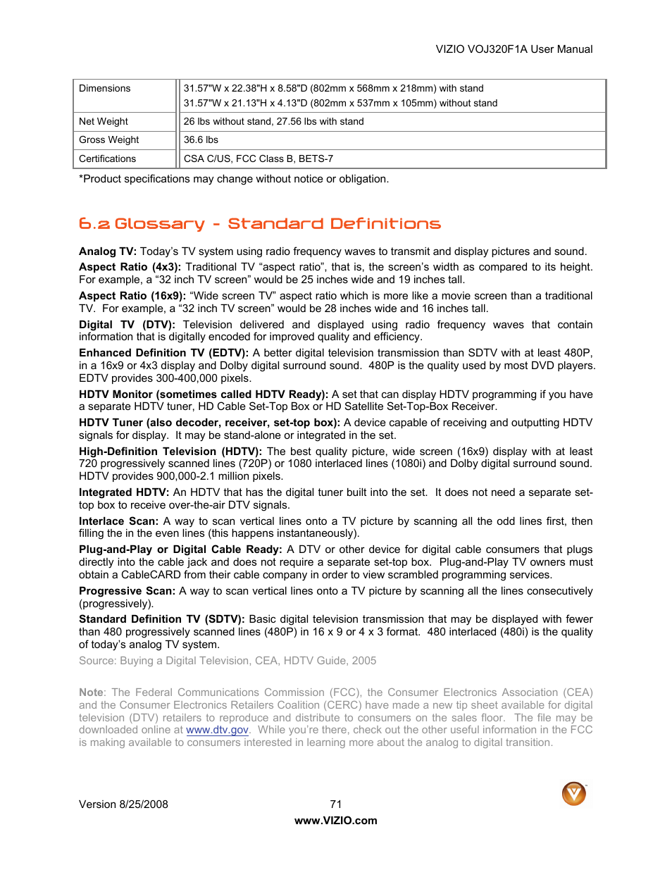 2 glossary – standard definitions | Vizio VOJ320F1A User Manual | Page 71 / 76
