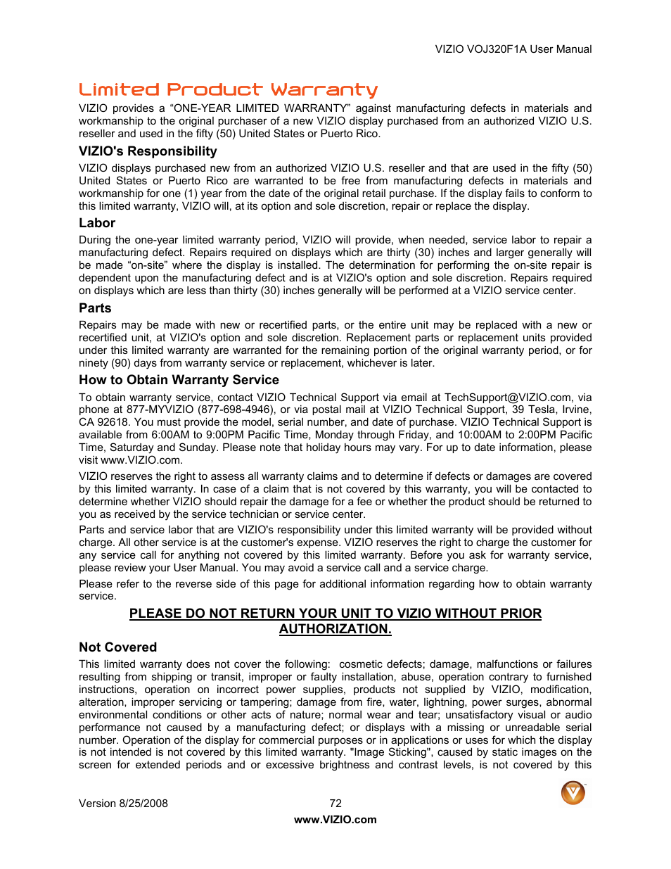 Limited product warranty | Vizio VOJ320F1A User Manual | Page 72 / 76
