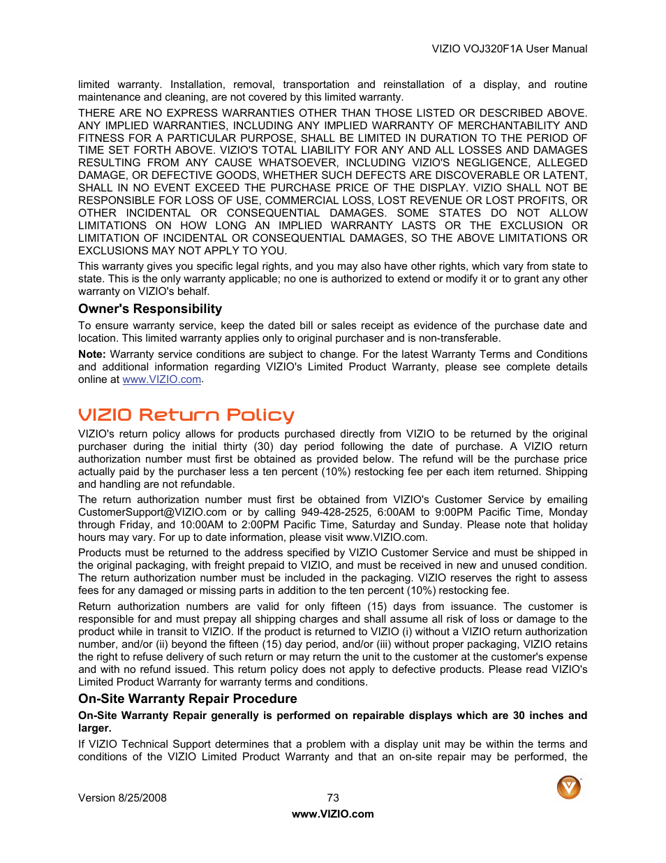 Vizio return policy | Vizio VOJ320F1A User Manual | Page 73 / 76