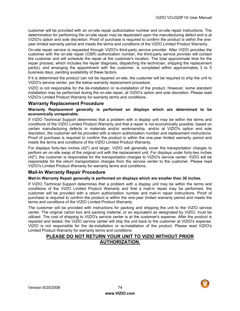 Vizio VOJ320F1A User Manual | Page 74 / 76
