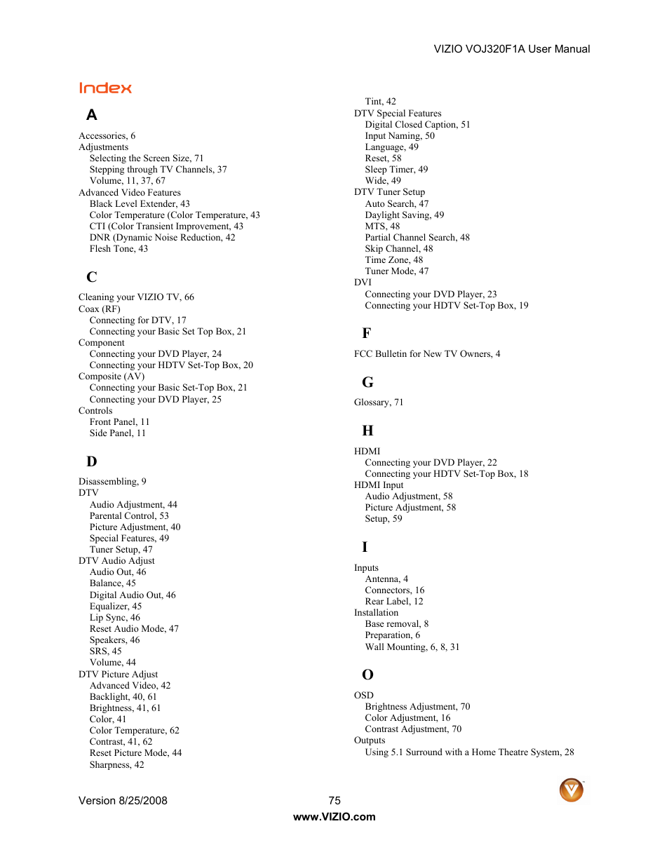 Index a | Vizio VOJ320F1A User Manual | Page 75 / 76