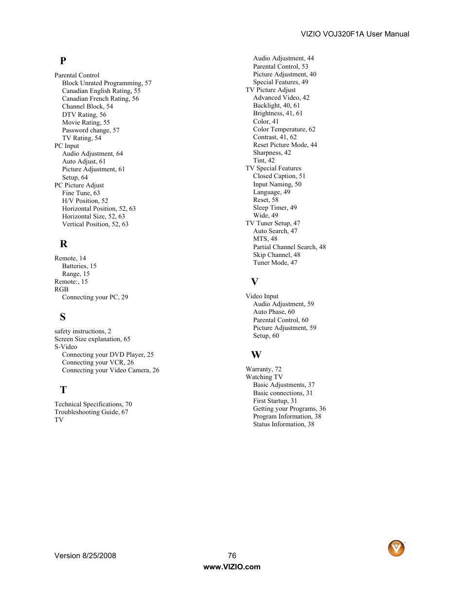 Vizio VOJ320F1A User Manual | Page 76 / 76