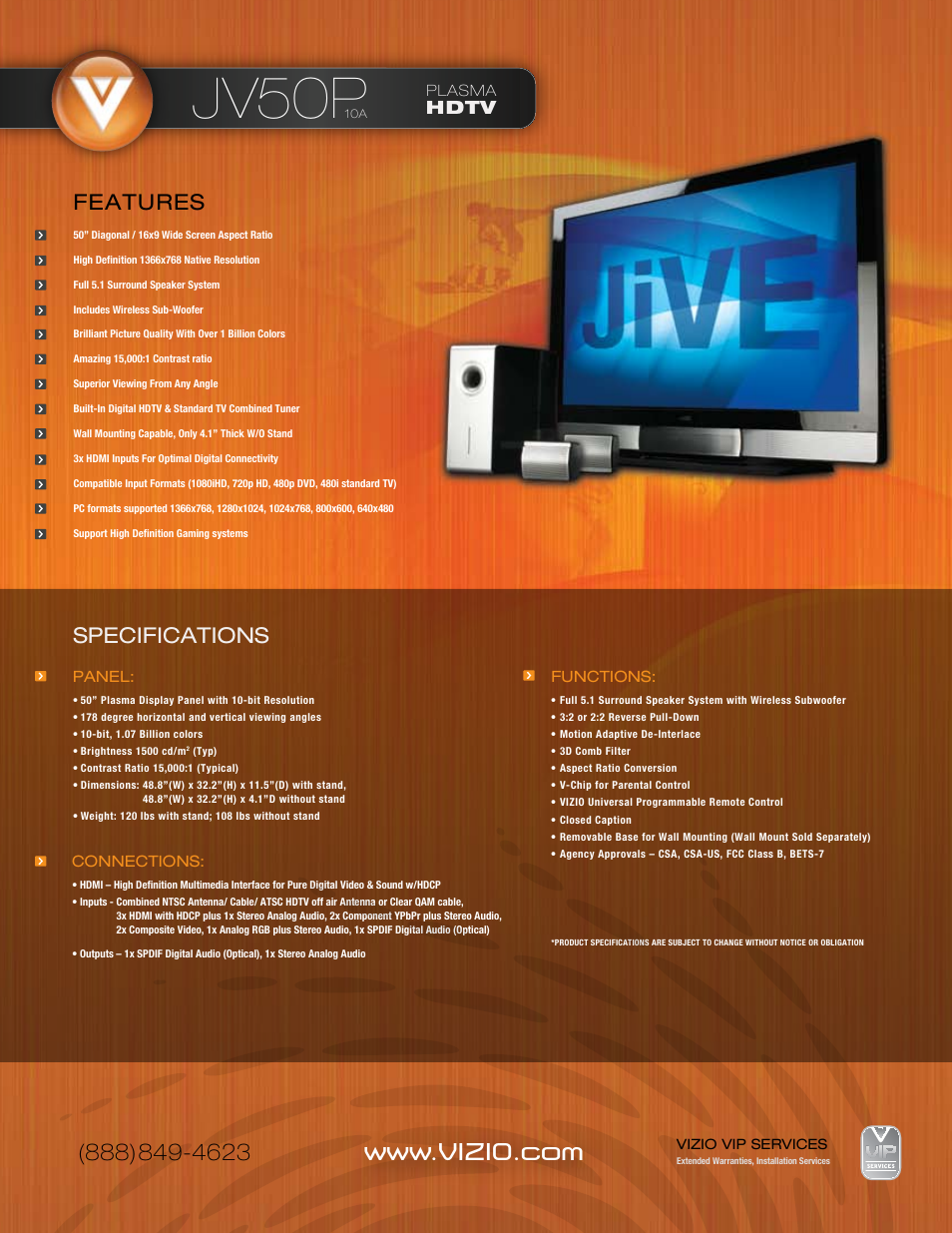 Jv50p, Features, Specifications | Hdtv | Vizio JV50P10A User Manual | Page 2 / 2