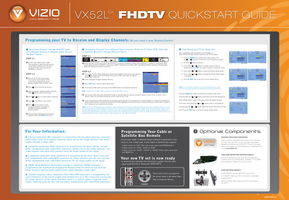 Vx52lf_qsg_back_010208, Vx52l fhdtv quickstart guide, Optional components | Programming your cable or satellite box remote, For your information, Your new tv set is now ready | Vizio VX52LF10A User Manual | Page 2 / 2
