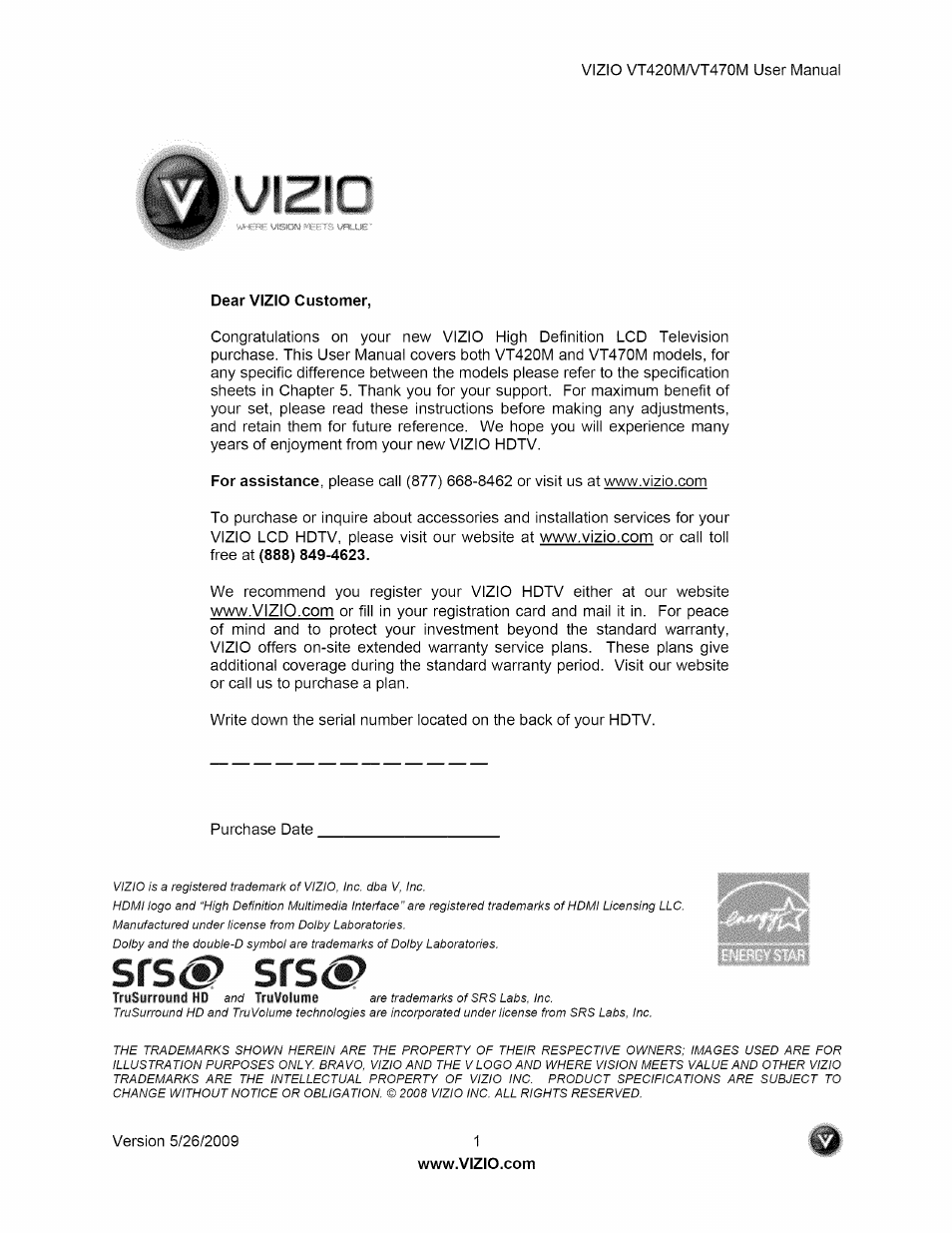 Vizio VT470M User Manual | 63 pages