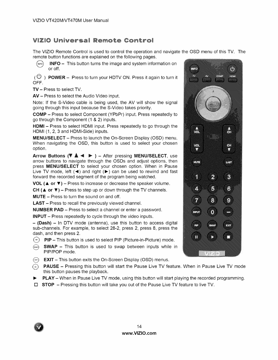 Vizio universal remote control | Vizio VT470M User Manual | Page 14 / 63