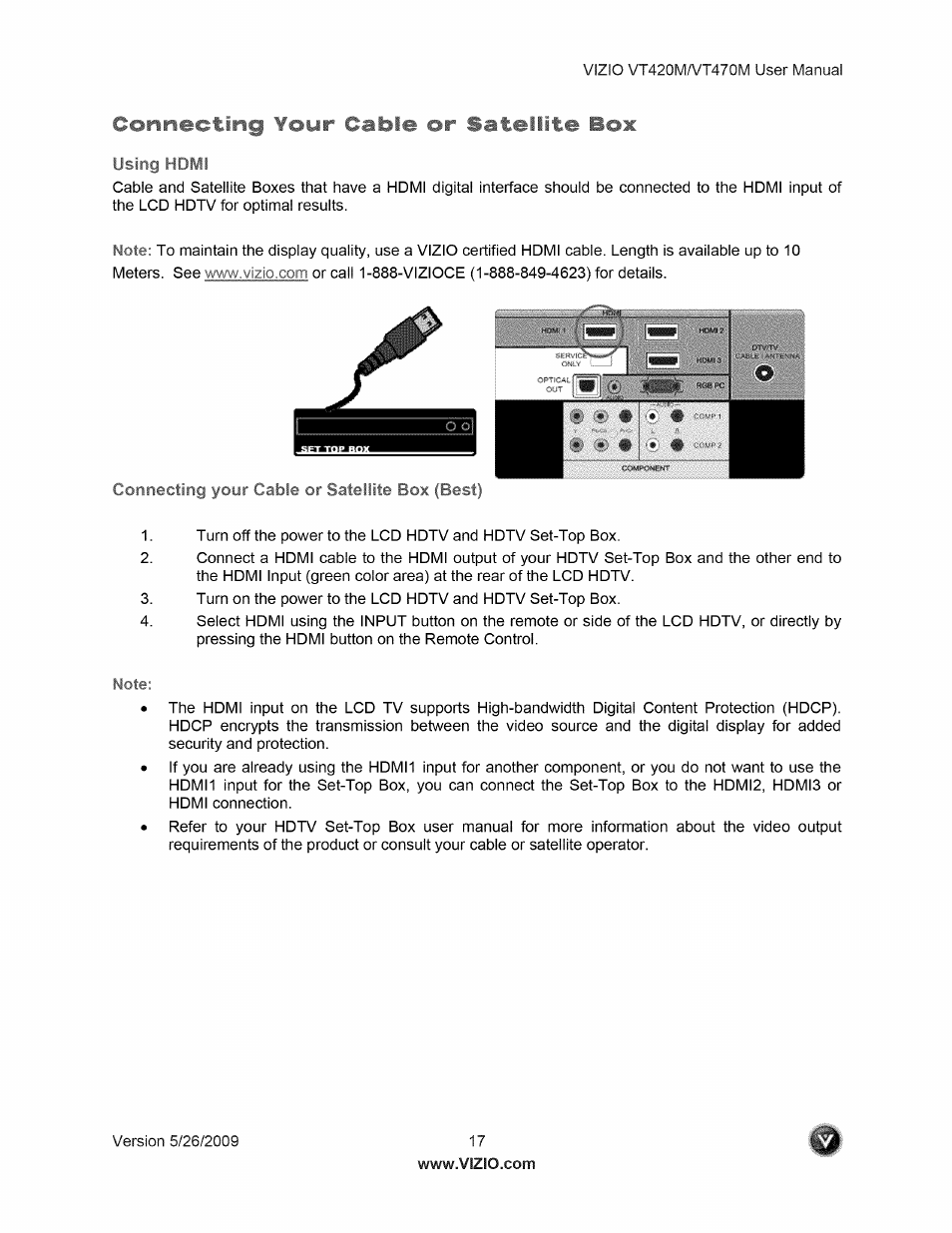 Connecting your cable or satellite box | Vizio VT470M User Manual | Page 17 / 63