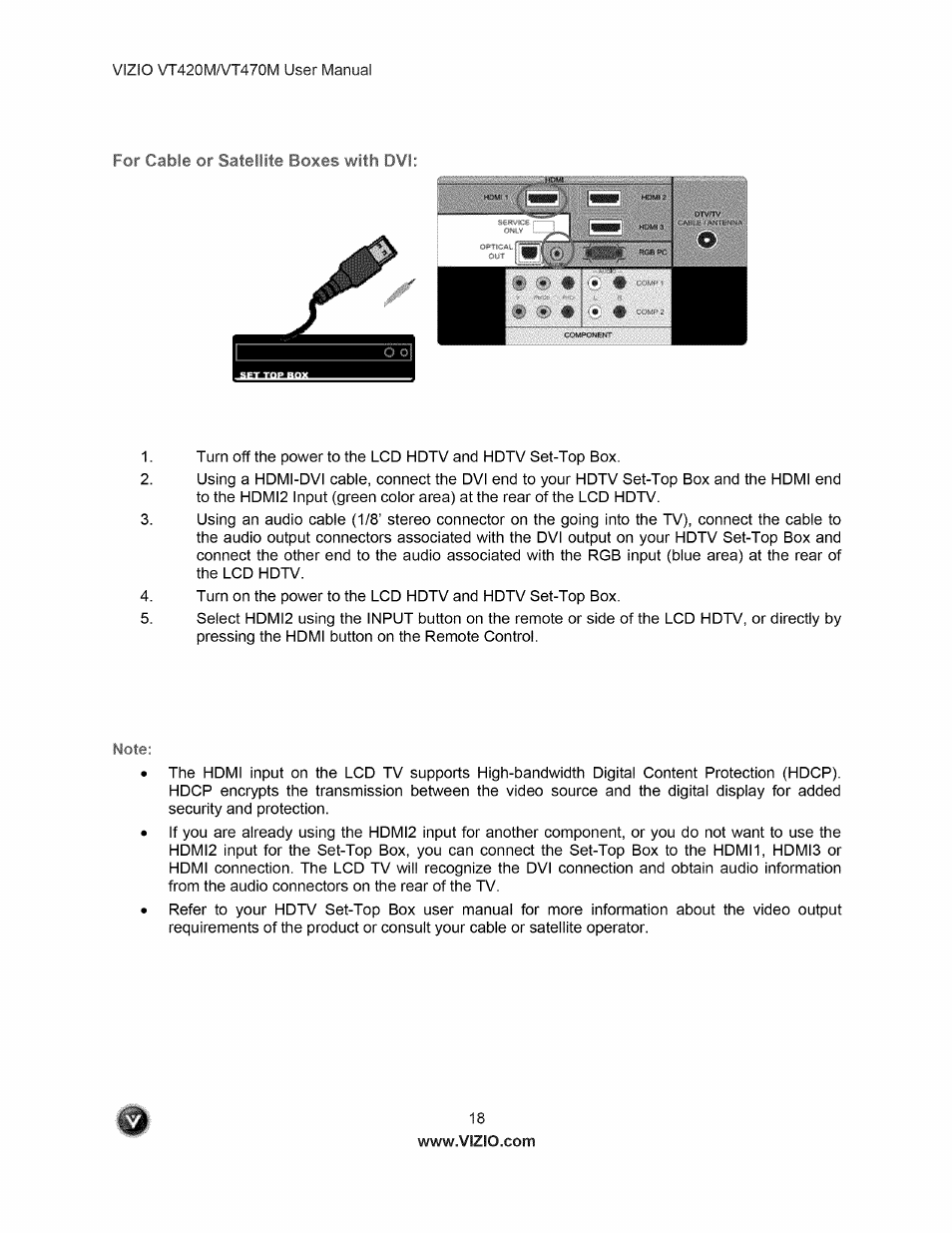 For cable or satellite boxes with dvi | Vizio VT470M User Manual | Page 18 / 63