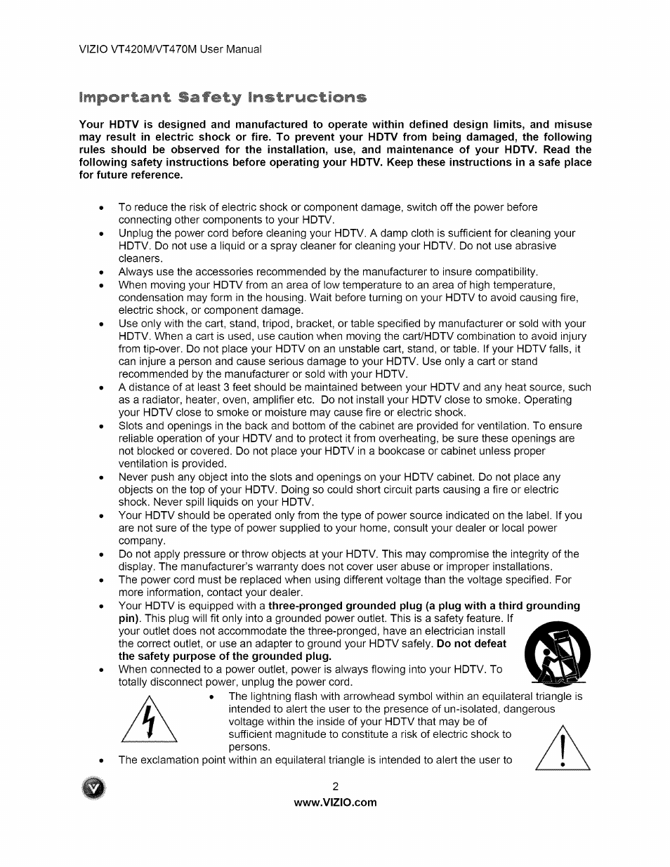 Important safety li | Vizio VT470M User Manual | Page 2 / 63