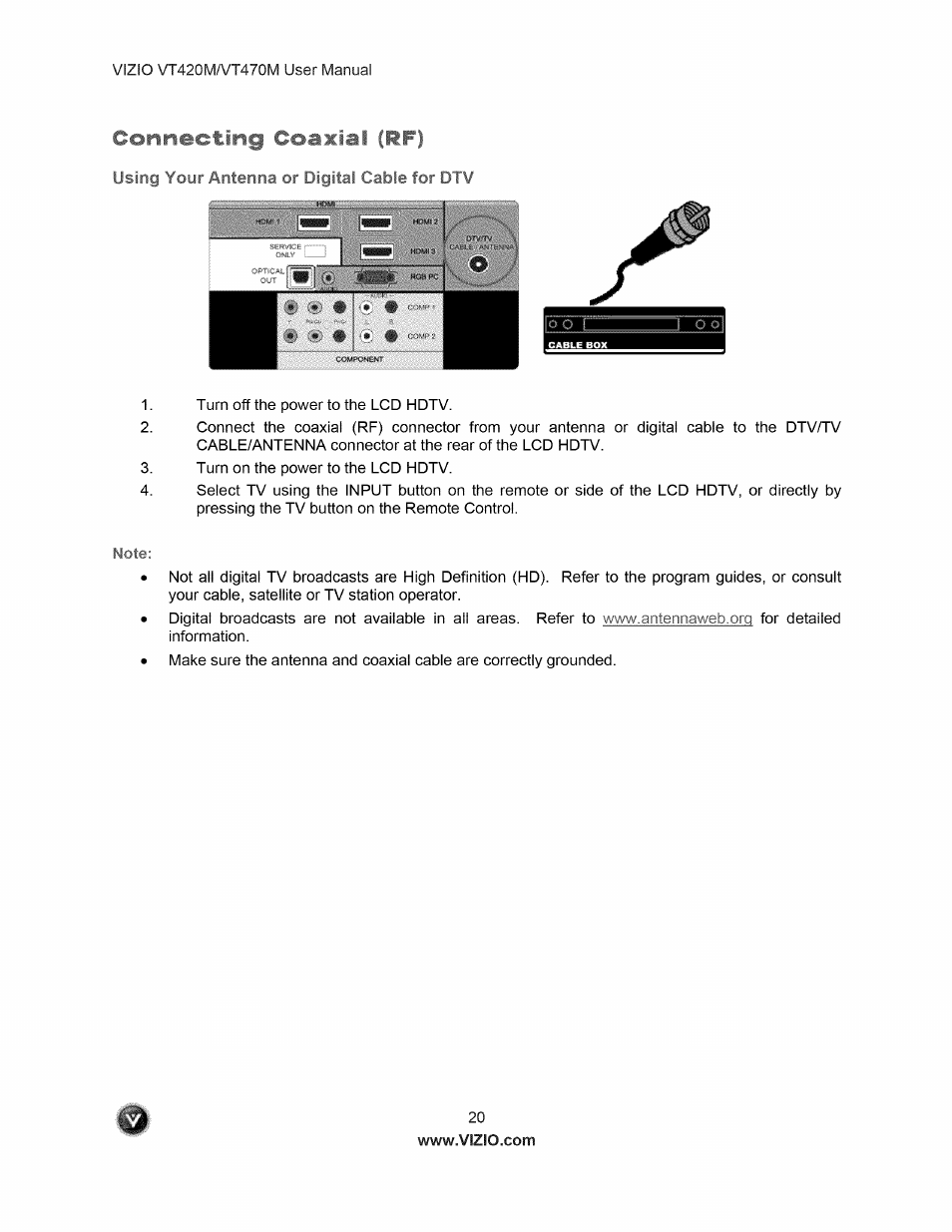 Using your antenna or digital cable for dtv | Vizio VT470M User Manual | Page 20 / 63