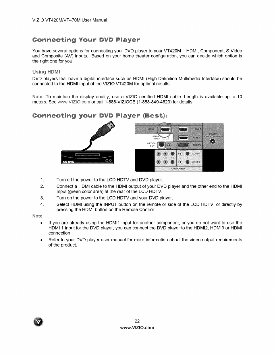 Connecting your dvd player | Vizio VT470M User Manual | Page 22 / 63