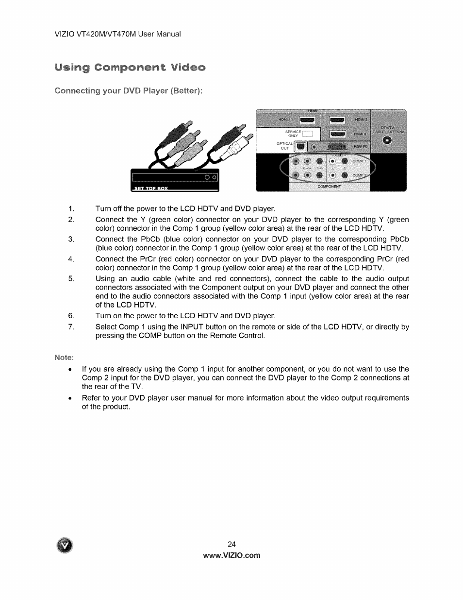 Using component video, Connecting your dvd player (better) | Vizio VT470M User Manual | Page 24 / 63
