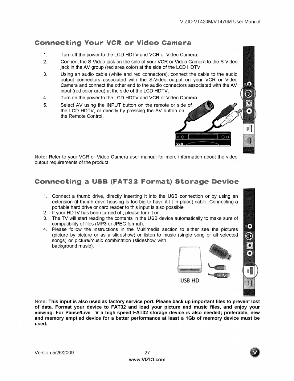 Connecting your vcr or video camera, Connecting a usb (fat32 format) storage device | Vizio VT470M User Manual | Page 27 / 63