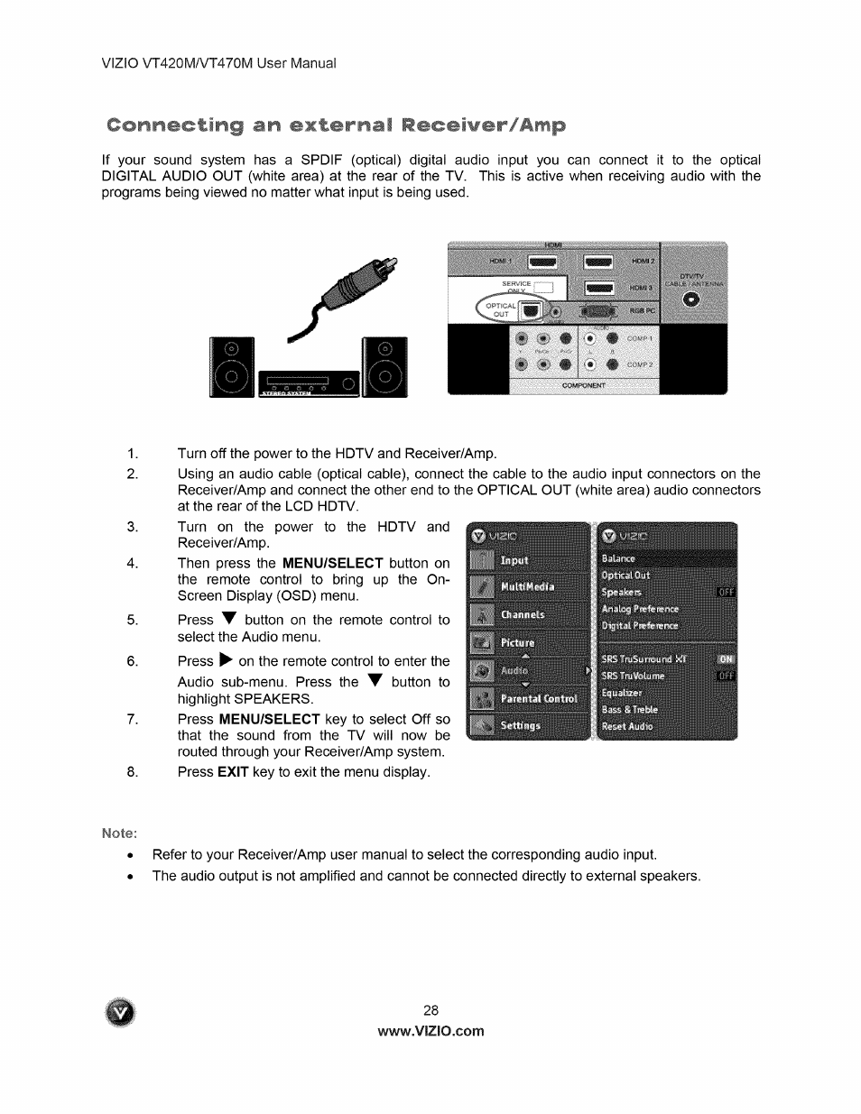 Connecting an external receiver/amp | Vizio VT470M User Manual | Page 28 / 63