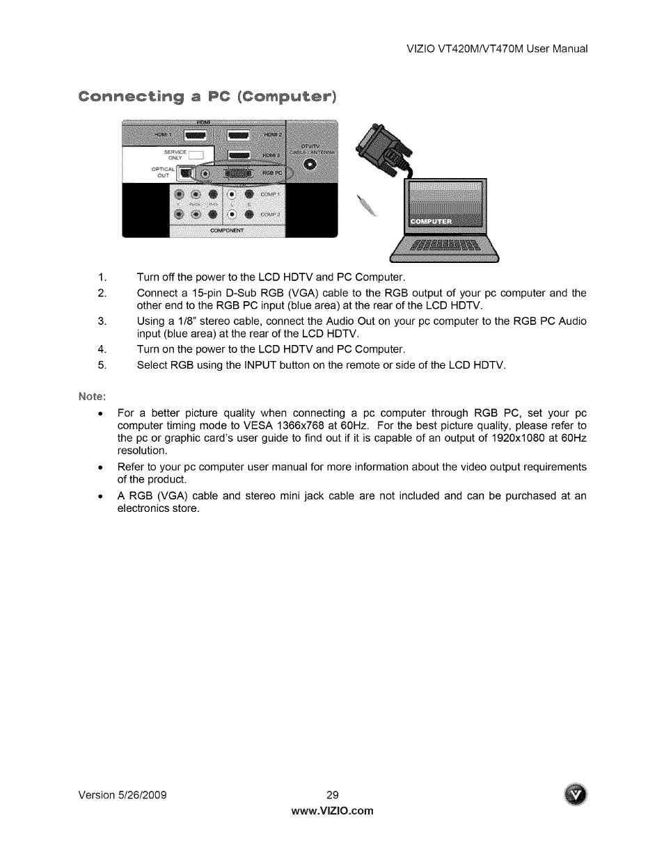 Connecting a pc (computer) | Vizio VT470M User Manual | Page 29 / 63