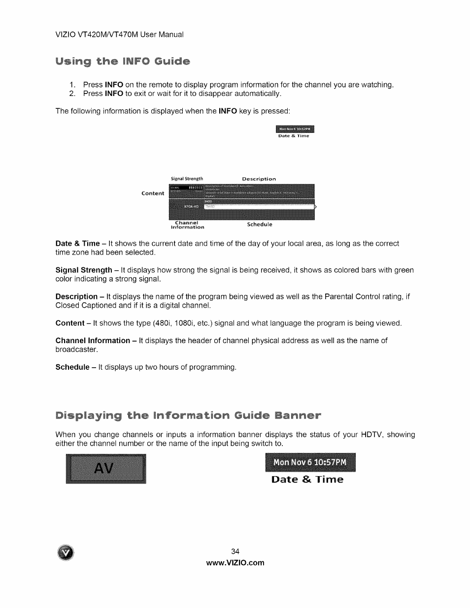 Using the info guide, Displaying the information guide banner, Date &. time | Vizio VT470M User Manual | Page 34 / 63