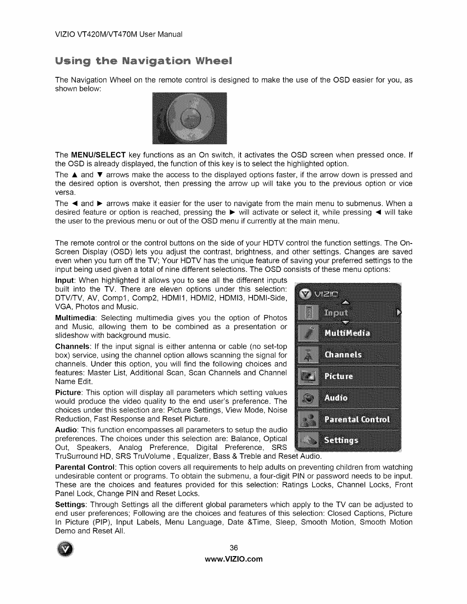 Using the navigation wheel | Vizio VT470M User Manual | Page 36 / 63