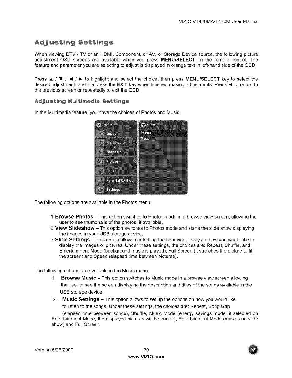 Adjusting settings | Vizio VT470M User Manual | Page 39 / 63