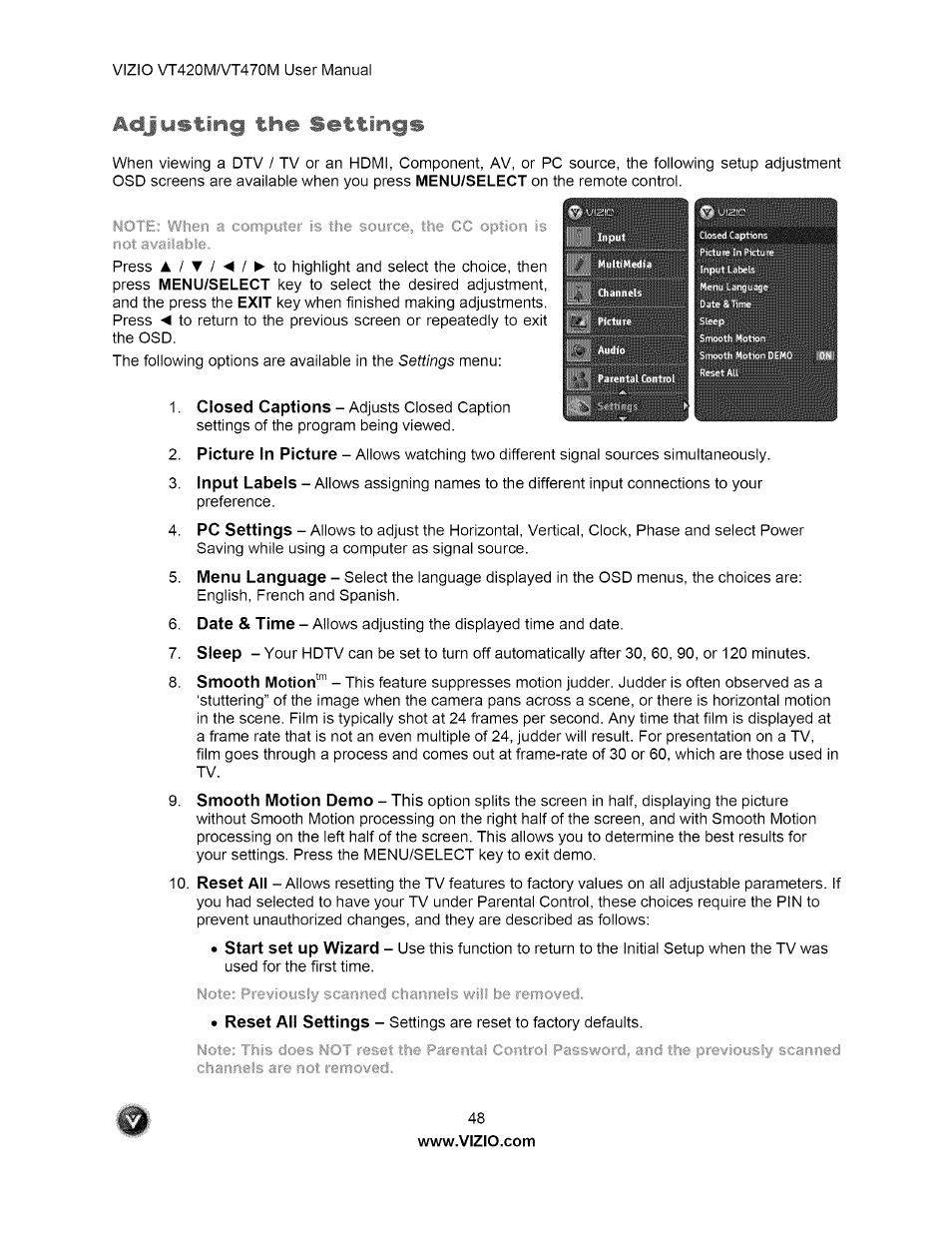 Adjusting the settings, Adjusting multimedia settings | Vizio VT470M User Manual | Page 48 / 63