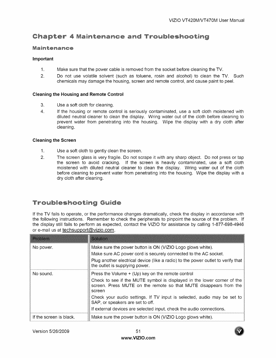 Chapter // f/aintenance and troubleshooting, Chapter 4 maintenance and troubleshooting, Troubleshooting guide | Vizio VT470M User Manual | Page 51 / 63