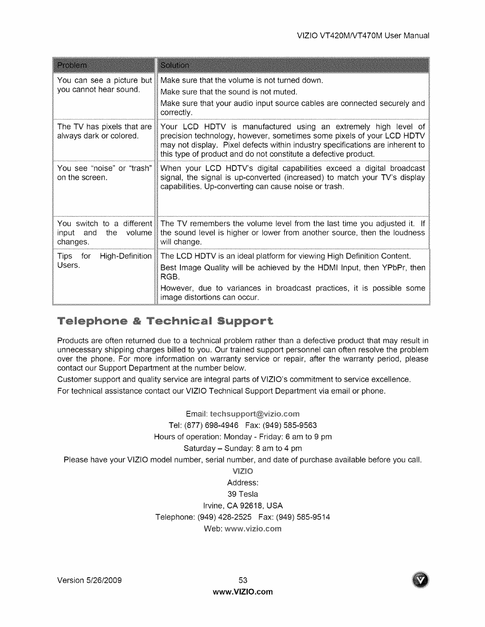 Support | Vizio VT470M User Manual | Page 53 / 63