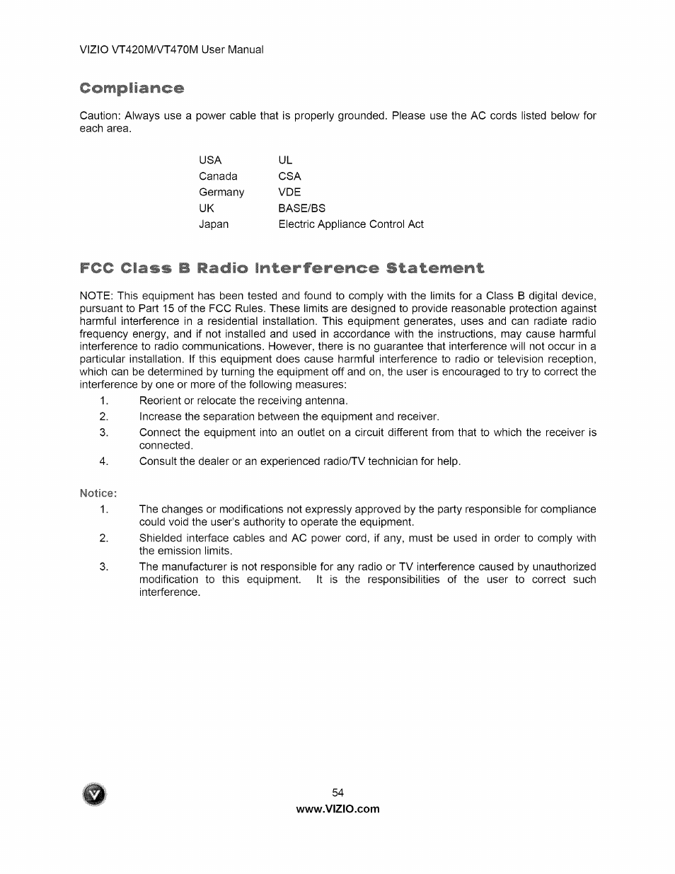 Compliance, Fcc class b radio interference statement | Vizio VT470M User Manual | Page 54 / 63