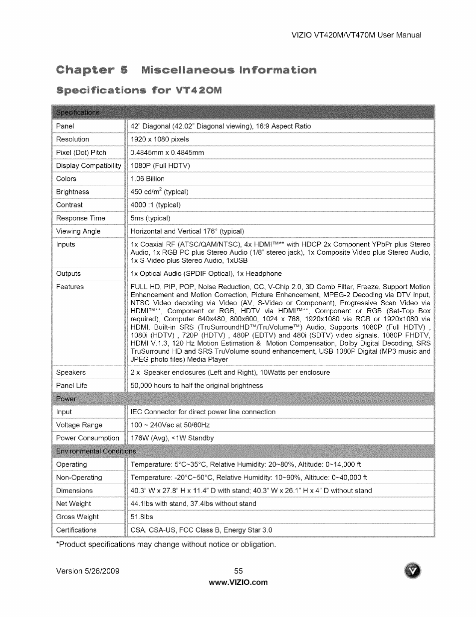 Chapter f4'scellaneous information, Chapter 5 miscellaneous information, Specifications for wt420m | Vizio VT470M User Manual | Page 55 / 63