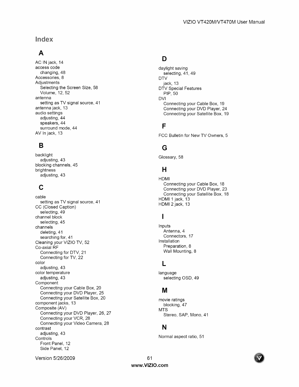 Vizio VT470M User Manual | Page 61 / 63