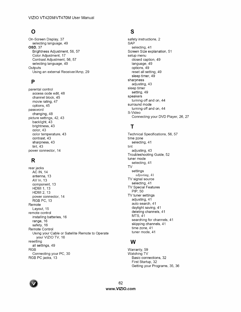 Vizio VT470M User Manual | Page 62 / 63