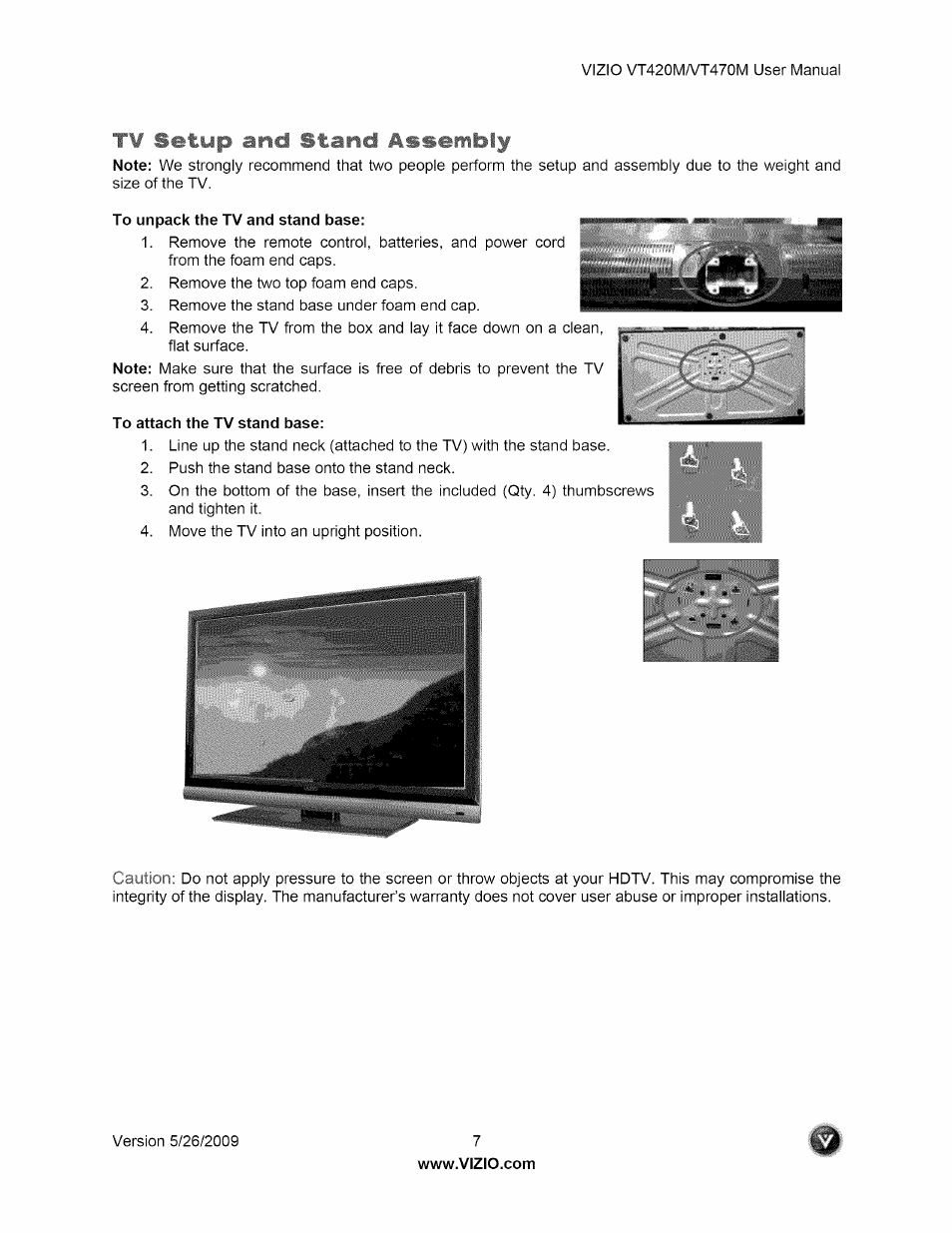 T¥ setup and stand assembly | Vizio VT470M User Manual | Page 7 / 63