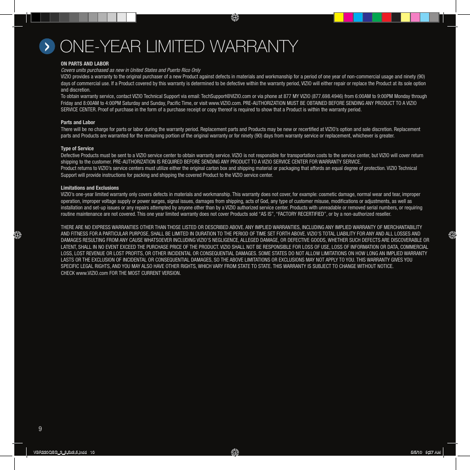 One-year limited warranty | Vizio VBR220 User Manual | Page 10 / 12