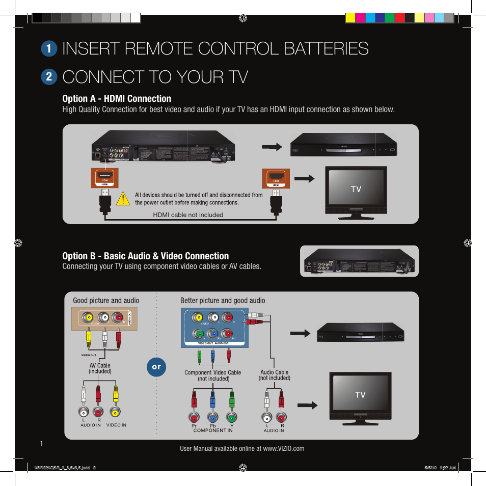 Insert remote control batteries connect to your tv | Vizio VBR220 User Manual | Page 2 / 12