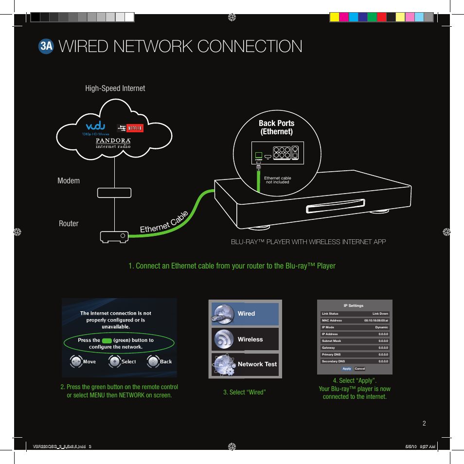 Wired network connection, Etherne t cab le back ports (ethernet) | Vizio VBR220 User Manual | Page 3 / 12