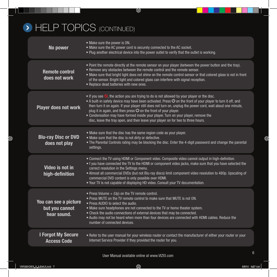 Help topics, Continued) | Vizio VBR220 User Manual | Page 7 / 12