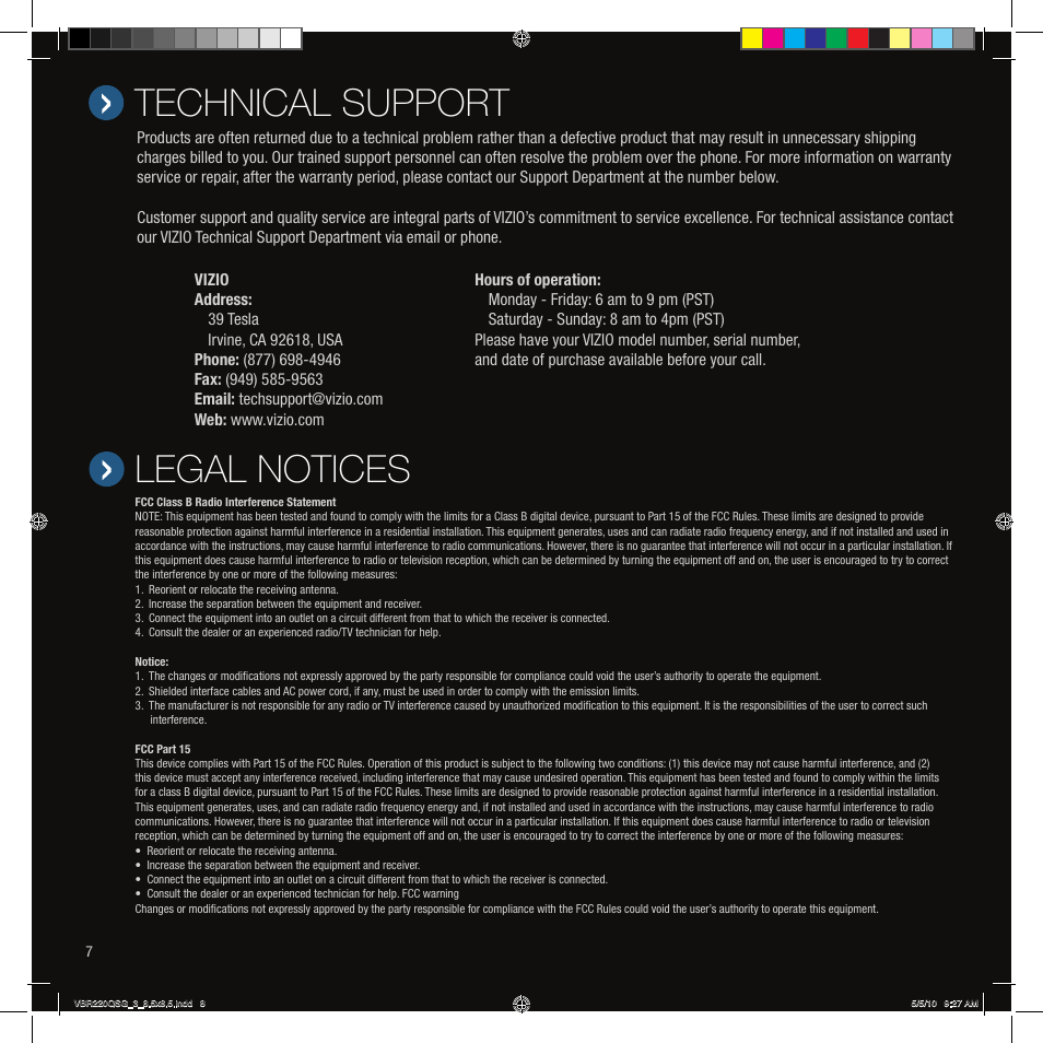 Technical support, Legal notices | Vizio VBR220 User Manual | Page 8 / 12