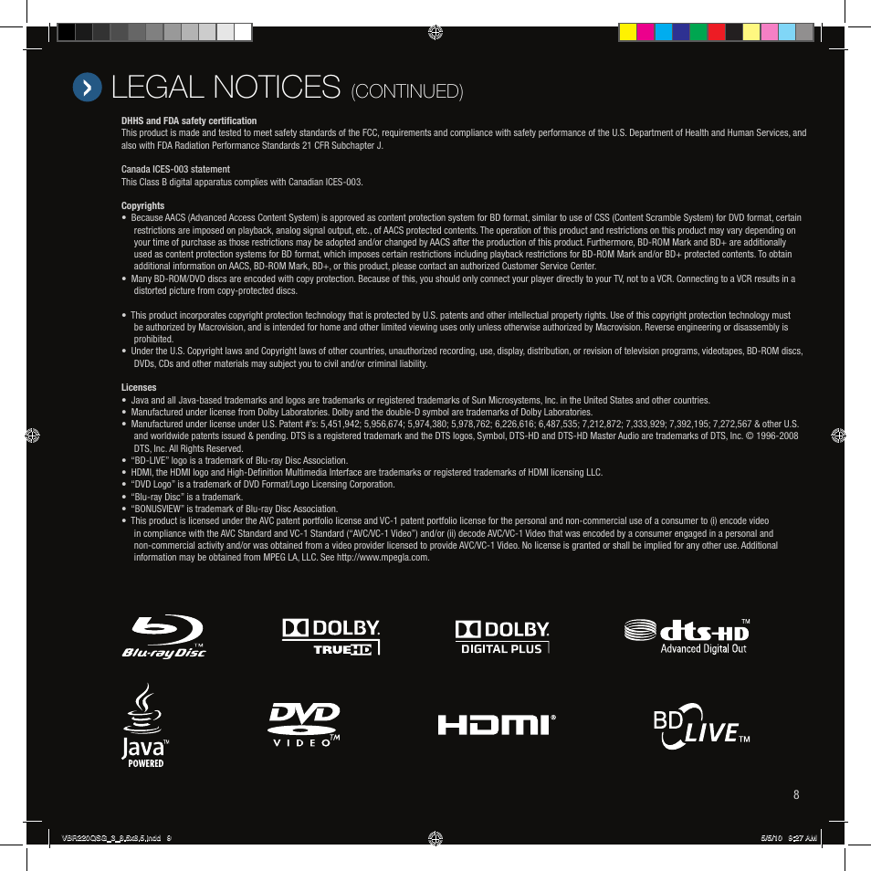 Legal notices, Continued) | Vizio VBR220 User Manual | Page 9 / 12