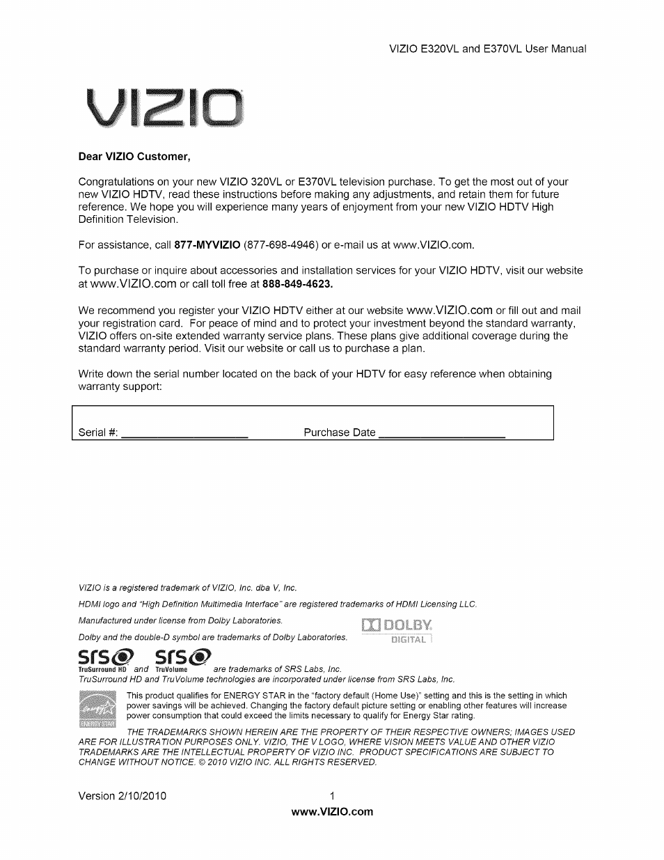 Vizio E320VL User Manual | 54 pages