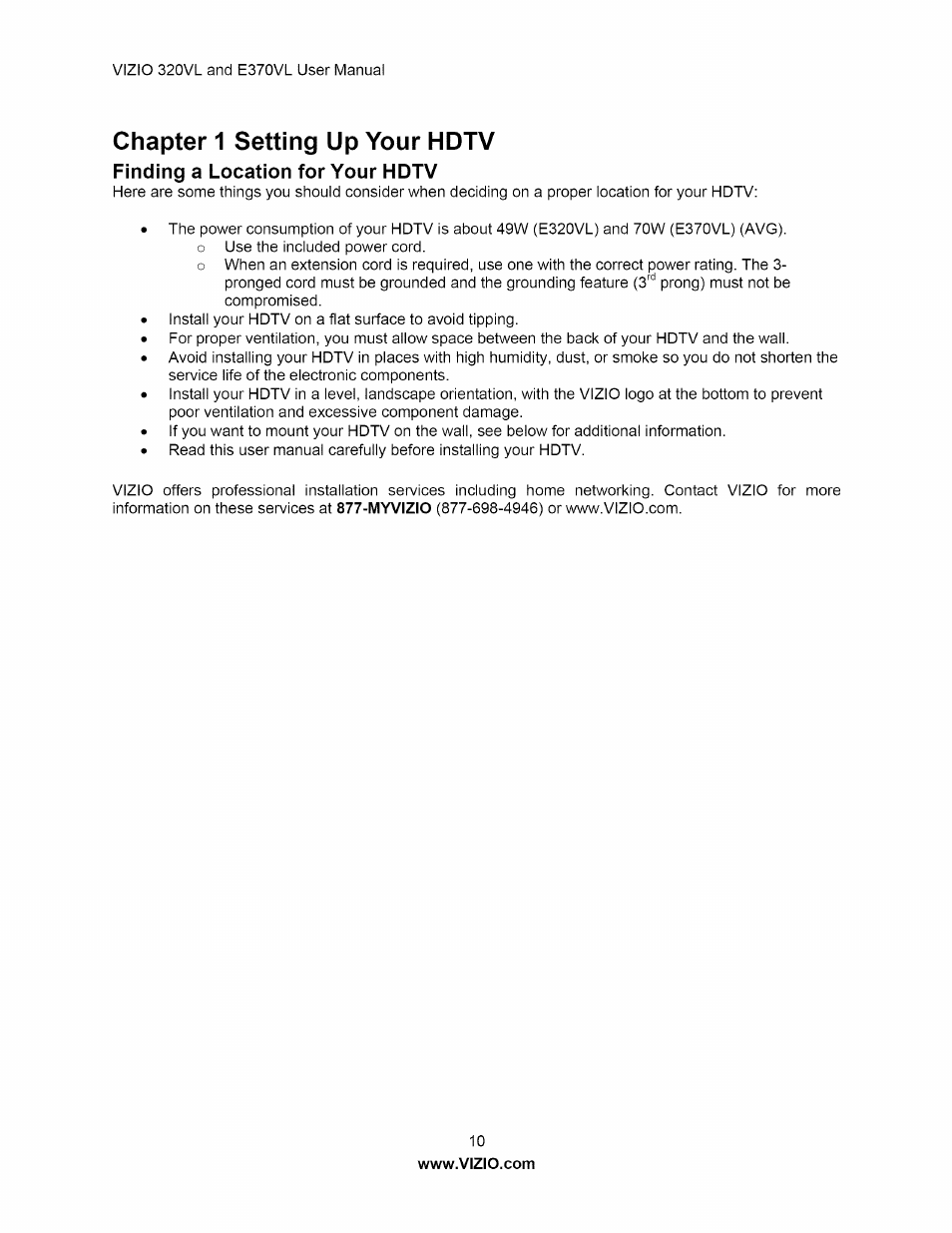 Finding a location for your hdtv, Chapter 1 setting up your hdtv | Vizio E320VL User Manual | Page 10 / 54