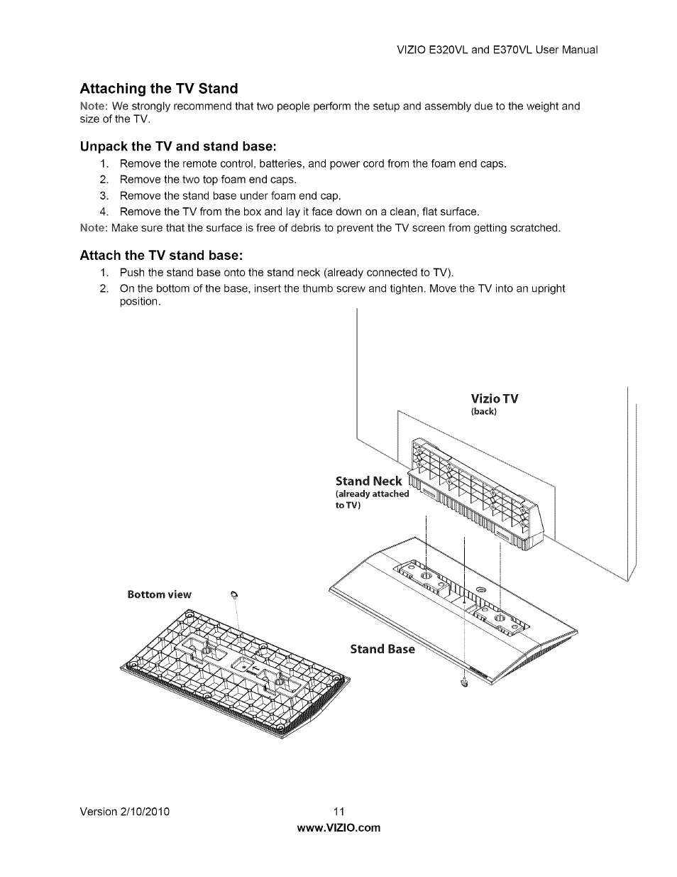 Attaching the tv stand | Vizio E320VL User Manual | Page 11 / 54