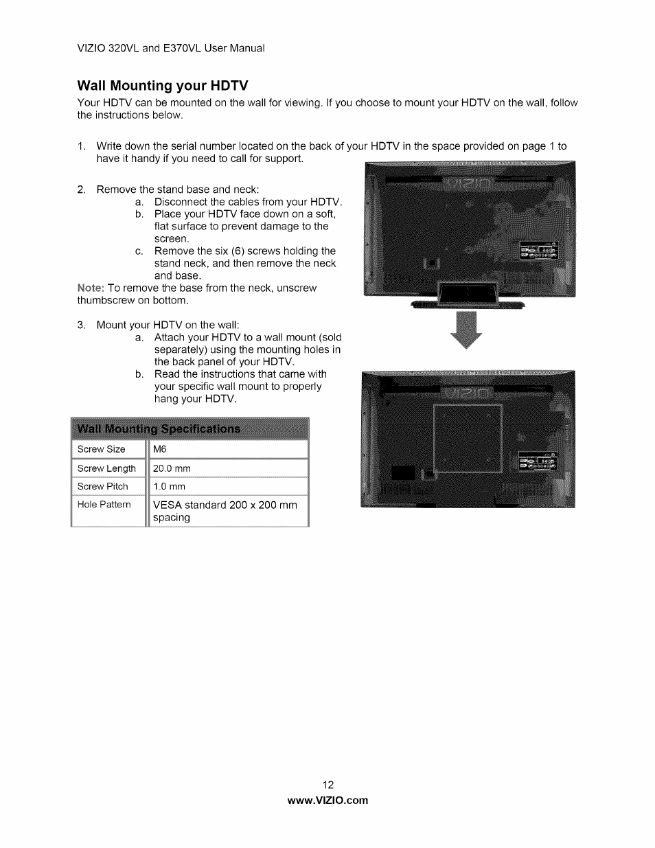 Wall mounting your hdtv | Vizio E320VL User Manual | Page 12 / 54