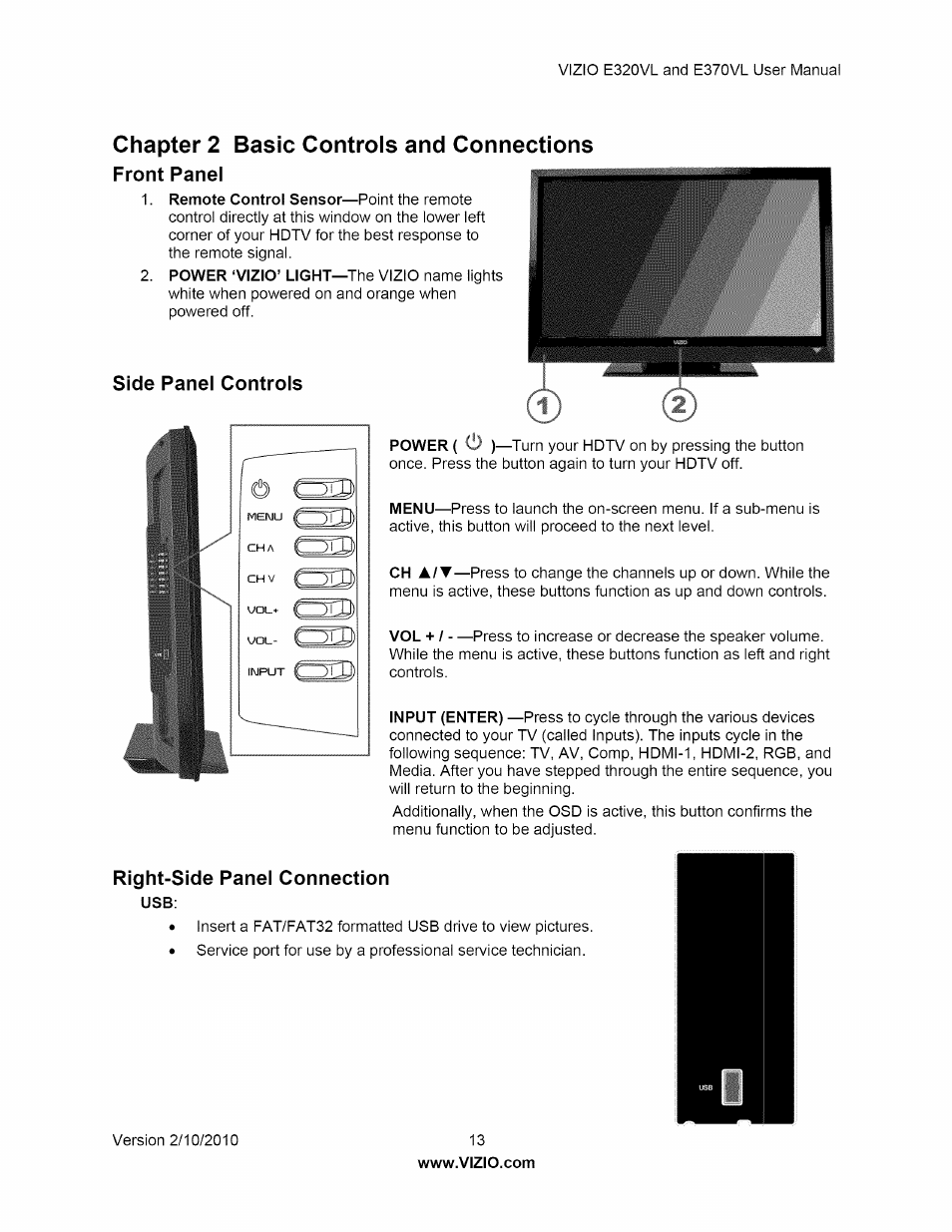 Front panel, Side panel controls, Right-side panel connection | Side panel controls right-side panel connection, Chapter 2 basic controls and connections | Vizio E320VL User Manual | Page 13 / 54