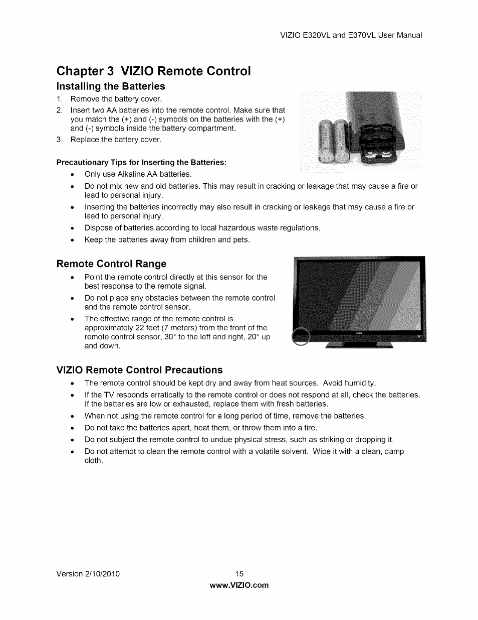 Chapter 3 vizio remote control, Installing the batteries, Remote control range | Vizio remote control precautions, Installing the batteries remote control range, Vizic remote control precautions | Vizio E320VL User Manual | Page 15 / 54