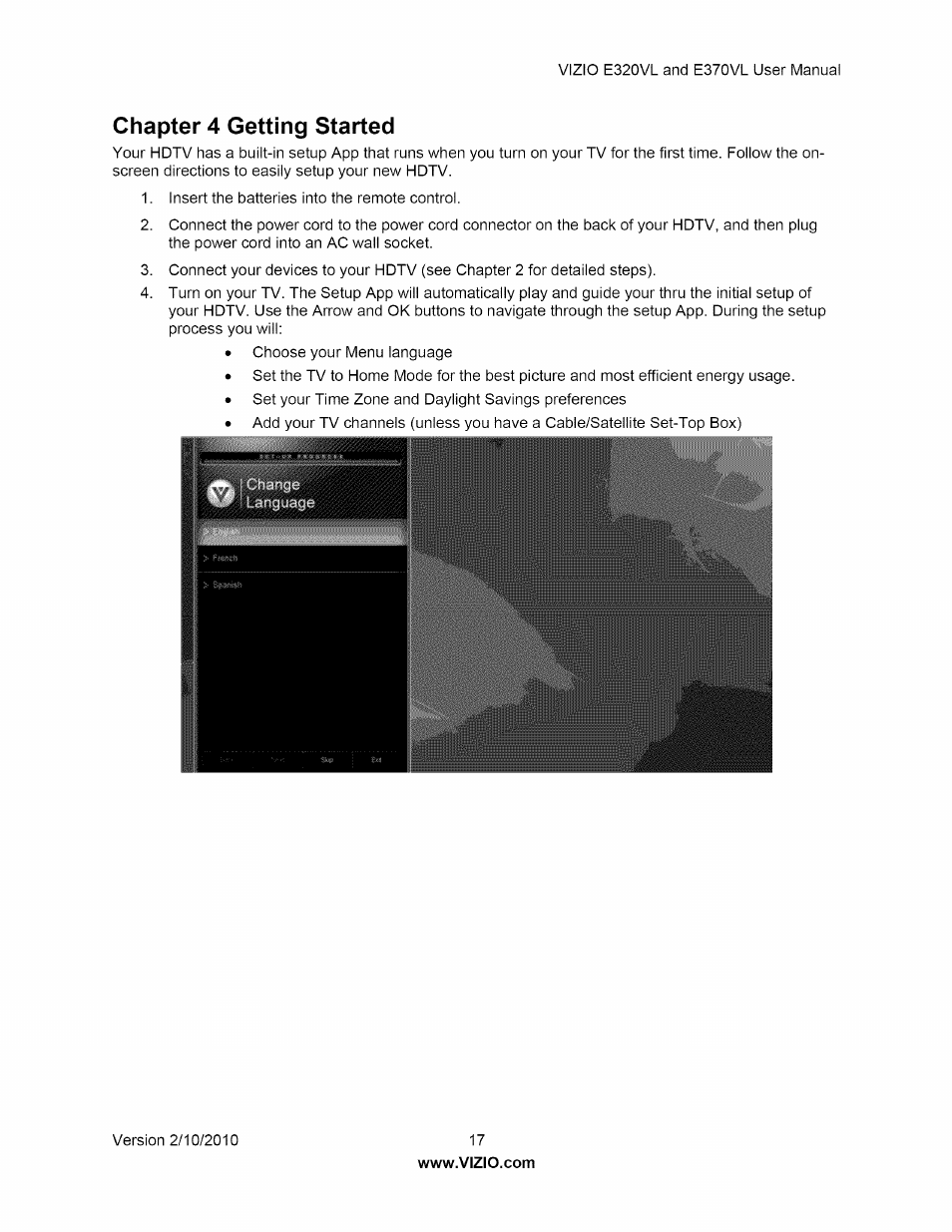 Chapter 4 getting started | Vizio E320VL User Manual | Page 17 / 54