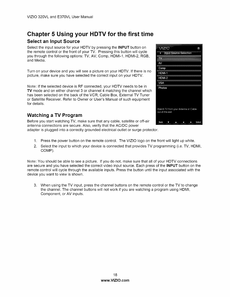 Select an input source, Watching a tv program, Select an input source watching a tv program | Chapter 5 using your hdtv for the first time | Vizio E320VL User Manual | Page 18 / 54