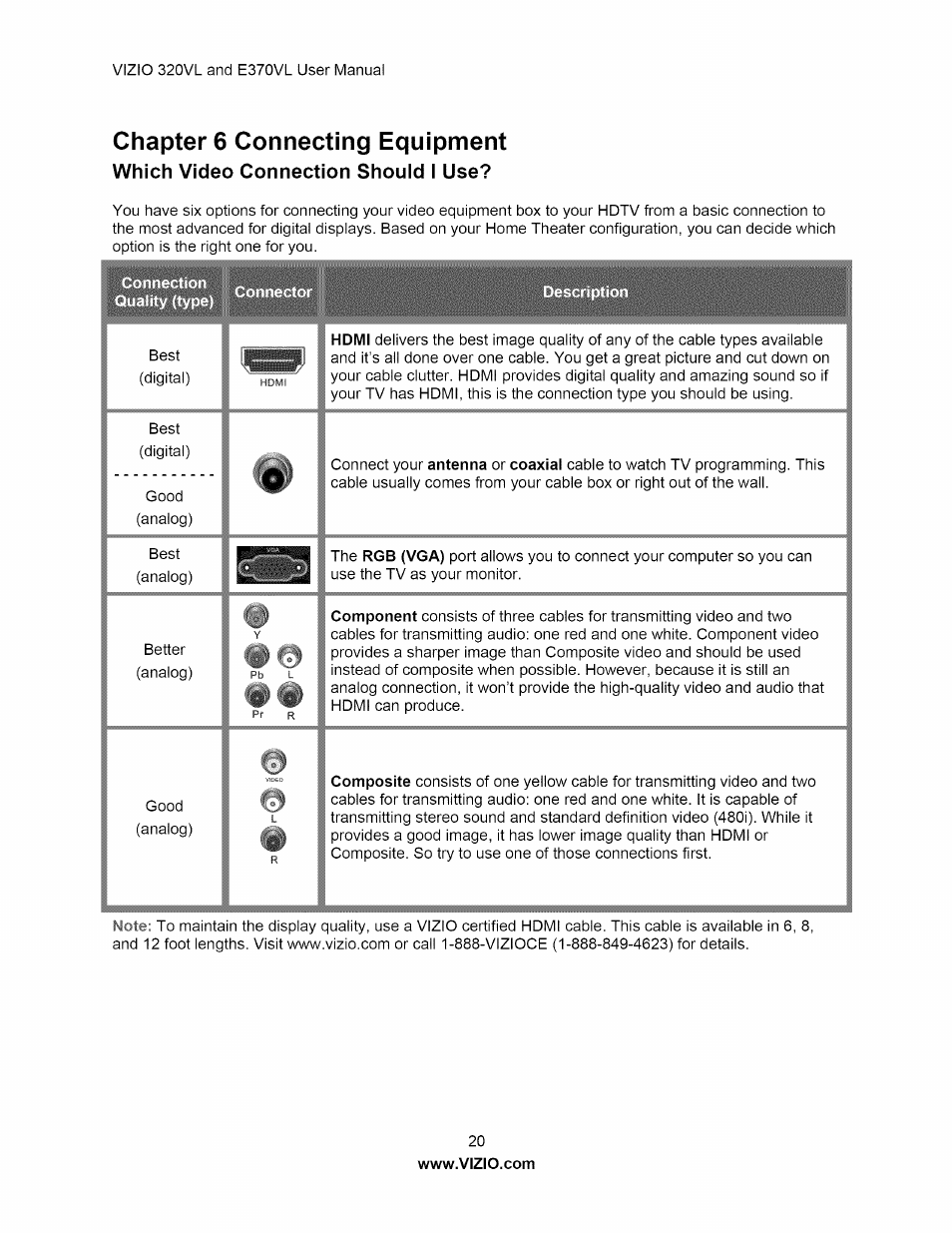Chapter 6 connecting equipment, Which video connection shouid i use, Which video connection should i use | Vizio E320VL User Manual | Page 20 / 54