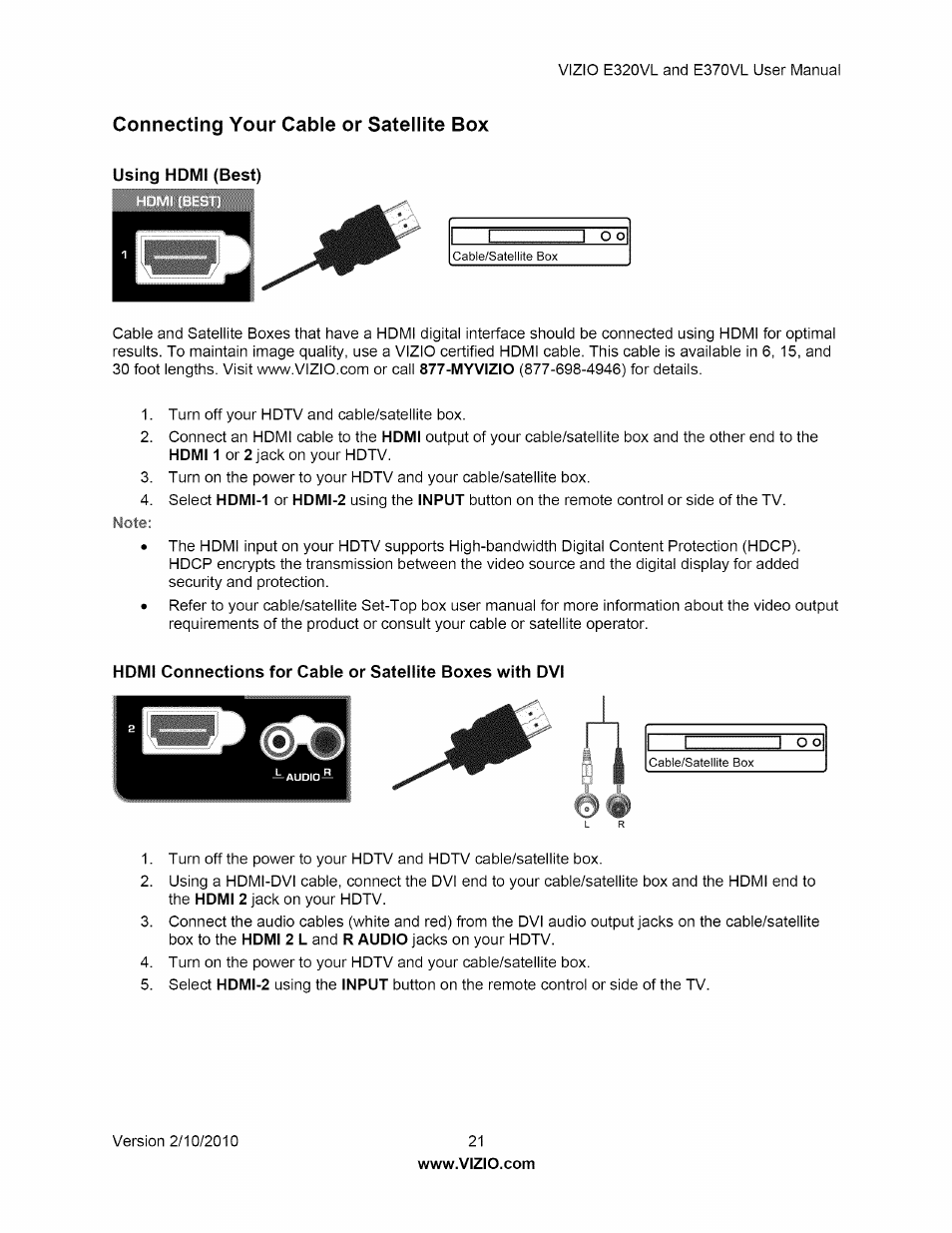 Connecting your cable or satellite box | Vizio E320VL User Manual | Page 21 / 54