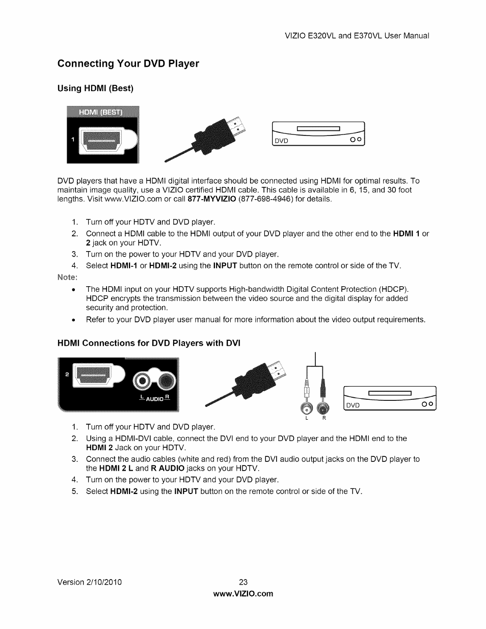 Connecting your dvd player, Using homi (best), Hdmi connections for dvd players with dvi | Using hdmi (best) | Vizio E320VL User Manual | Page 23 / 54