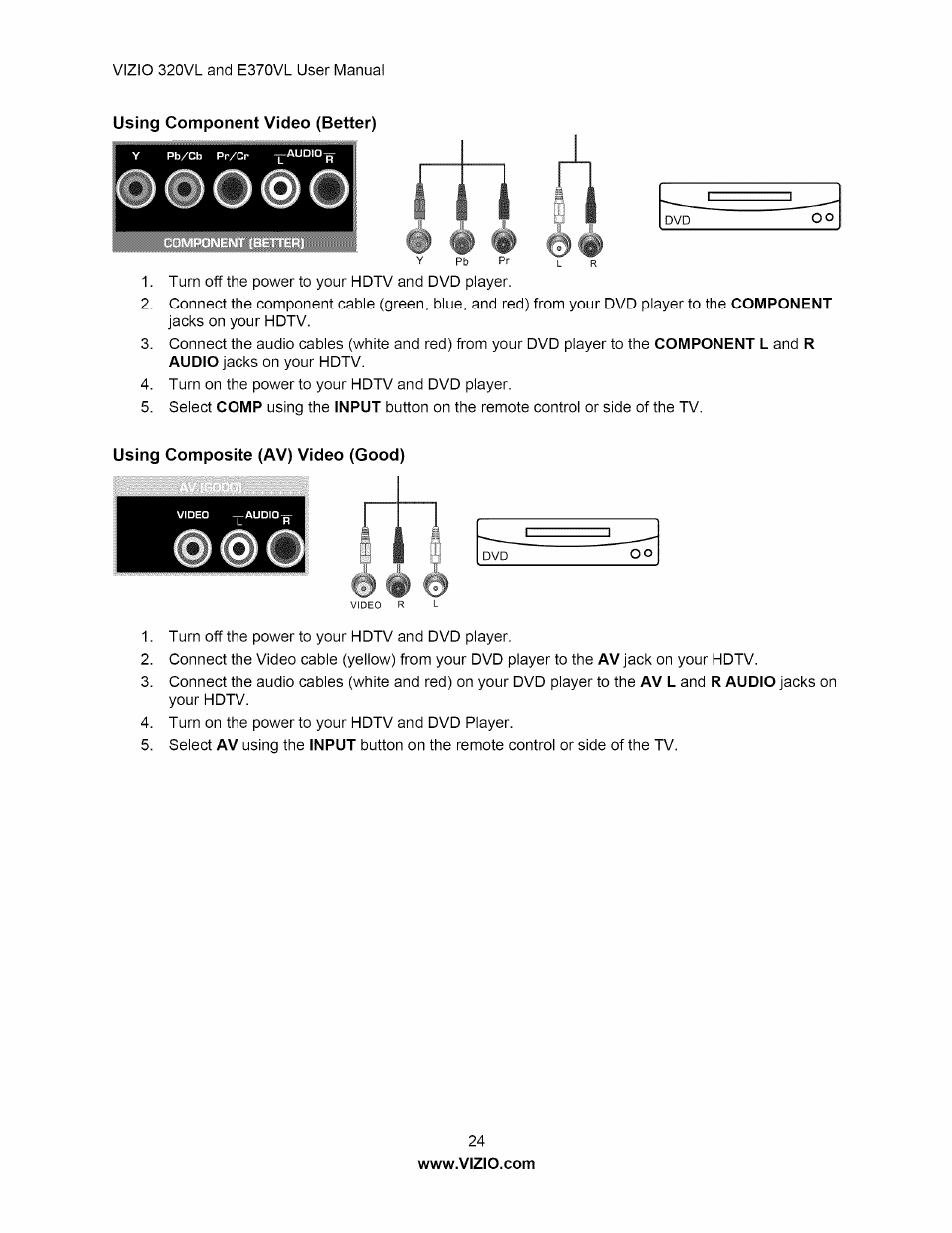 Using component video (better), Using composite (av) video (good) | Vizio E320VL User Manual | Page 24 / 54