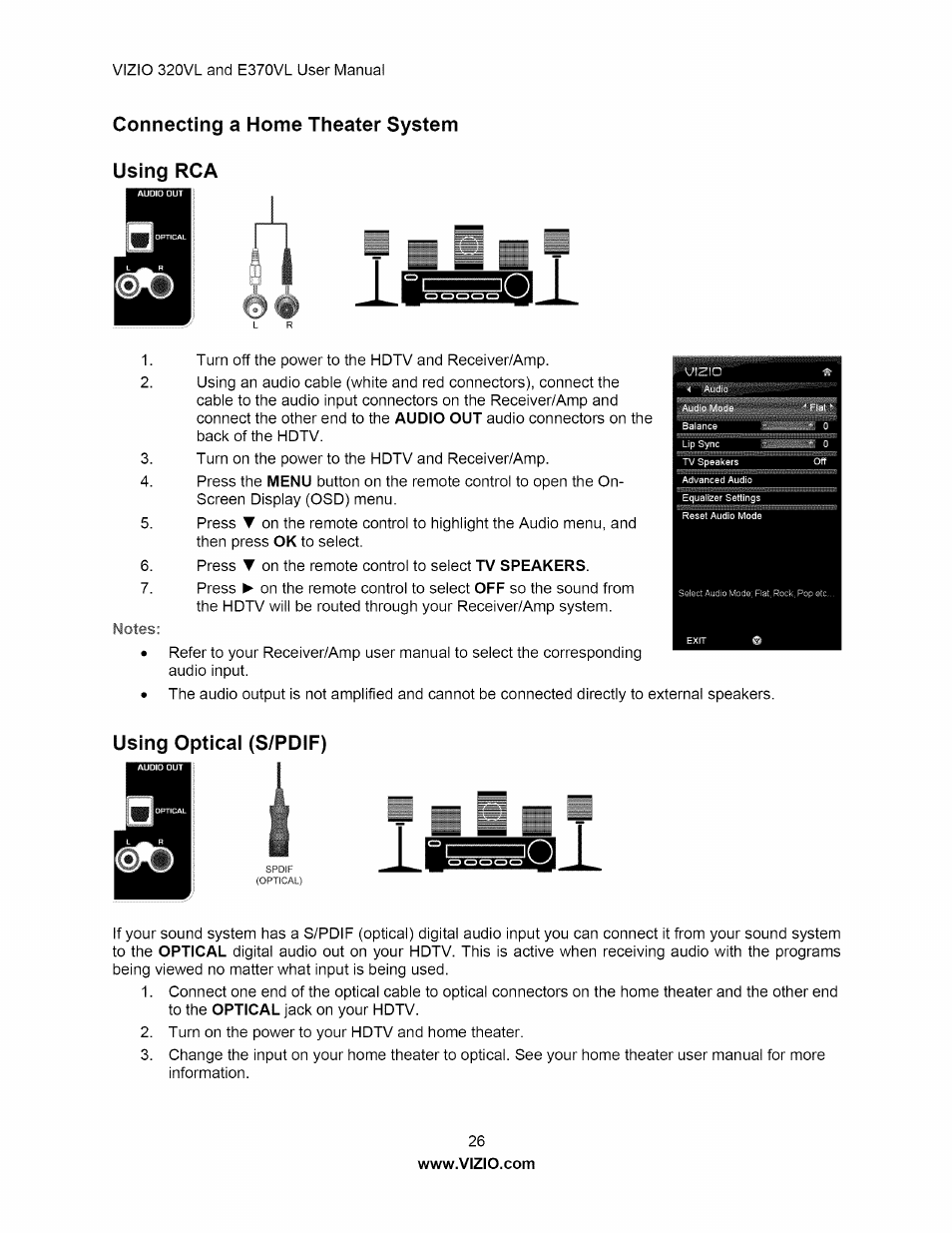 Connecting a home theater system using rca, Using opticai (s/pdif), Connecting a home theater system | Using cptical (s/pdif) | Vizio E320VL User Manual | Page 26 / 54
