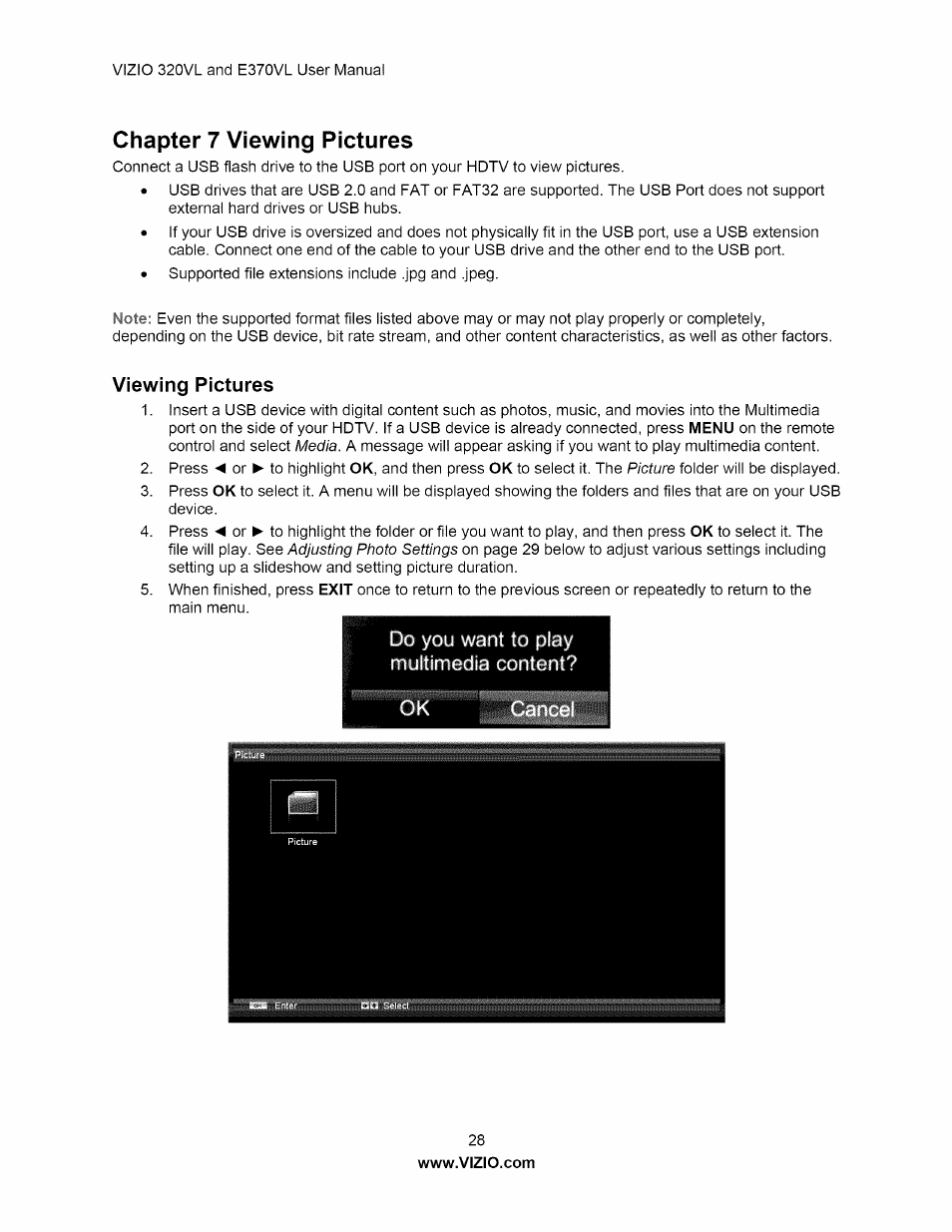 Viewing pictures, Chapter 7 viewing pictures, Do you want to play multimedia content | Vizio E320VL User Manual | Page 28 / 54